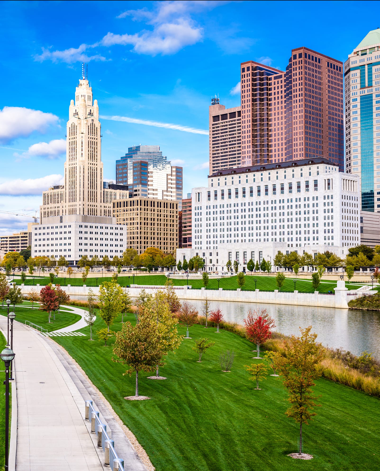 Columbus riverfront park and downtown skyline — parks, schools, and the COTA bus line minutes from Morse Creek Apartments